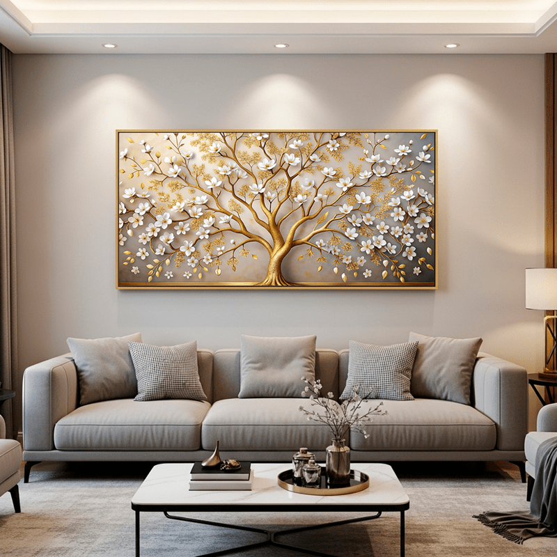 Tela Canvas Árvore Dourada de Flores Brancas - sem moldura