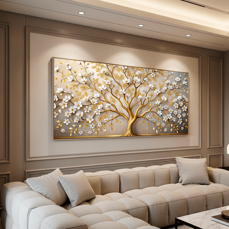 Tela Canvas Árvore Dourada de Flores Brancas - sem moldura