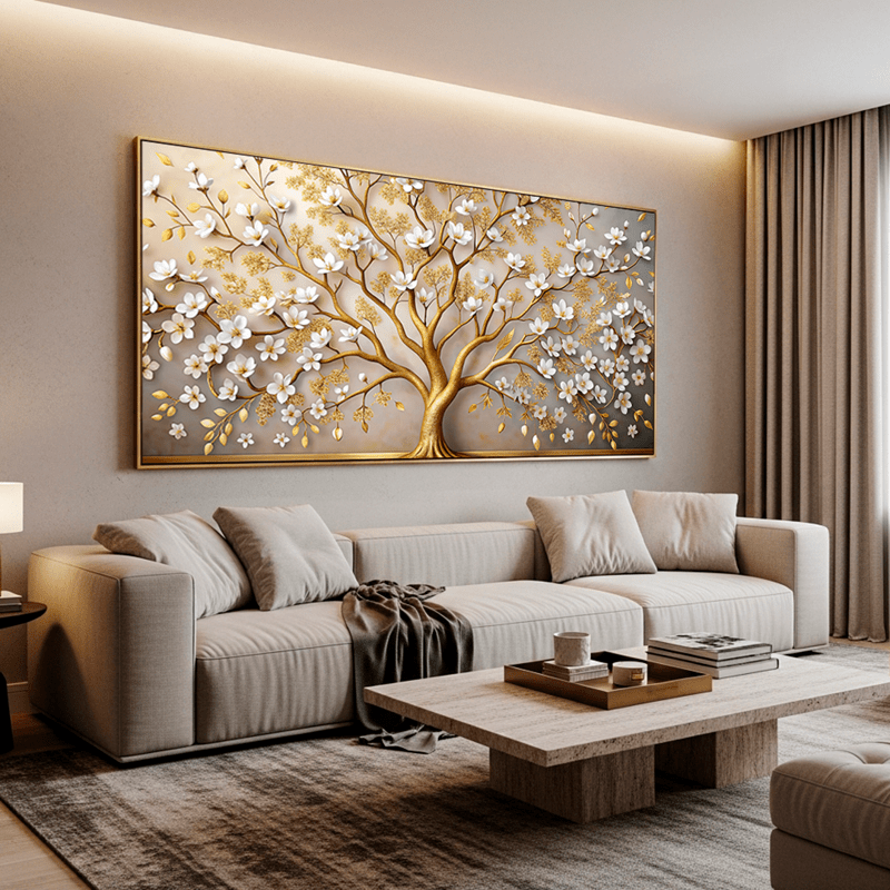 Tela Canvas Árvore Dourada de Flores Brancas - sem moldura