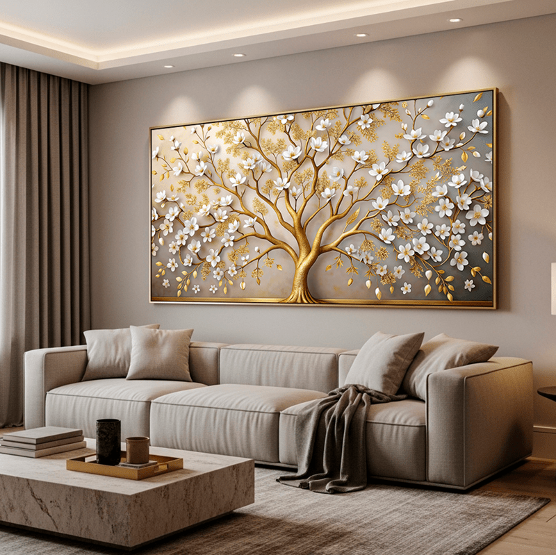 Tela Canvas Árvore Dourada de Flores Brancas - sem moldura