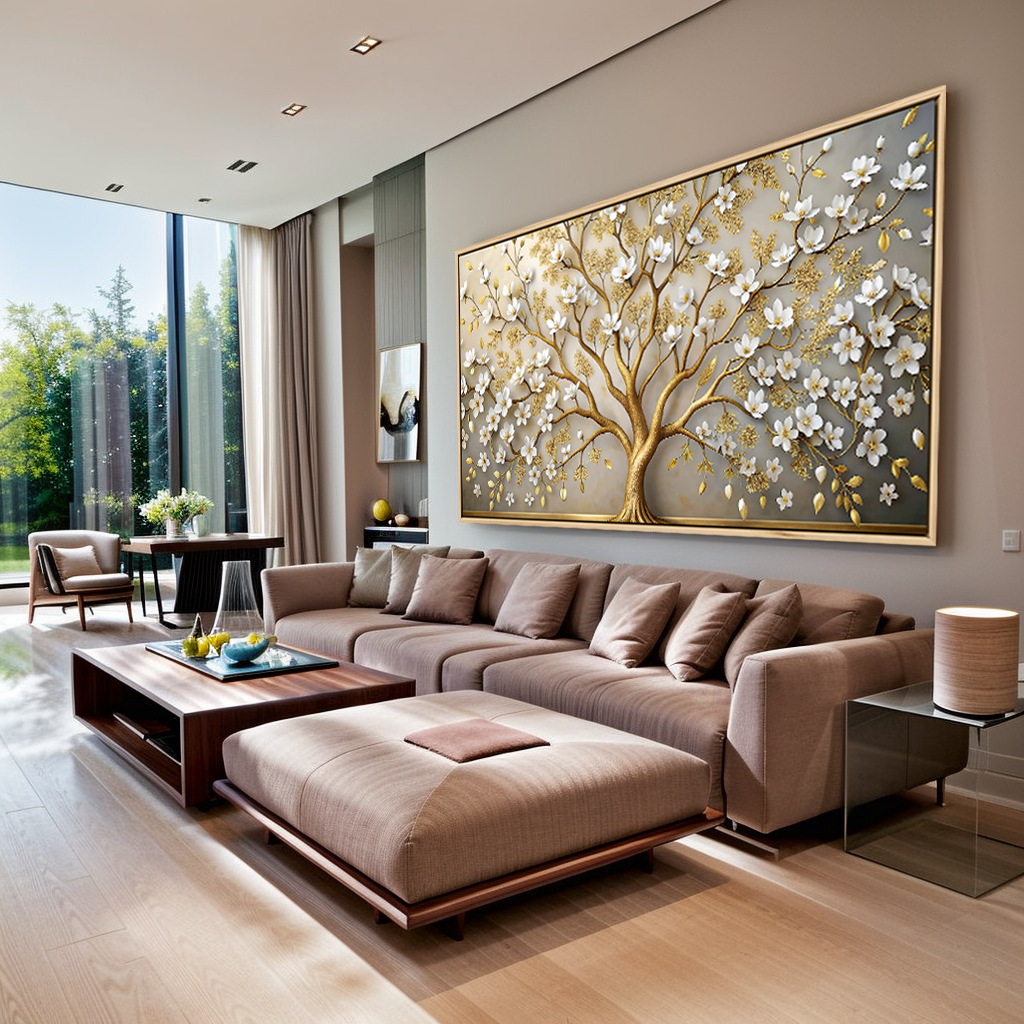 Tela Árvore Dourada de Flores Brancas