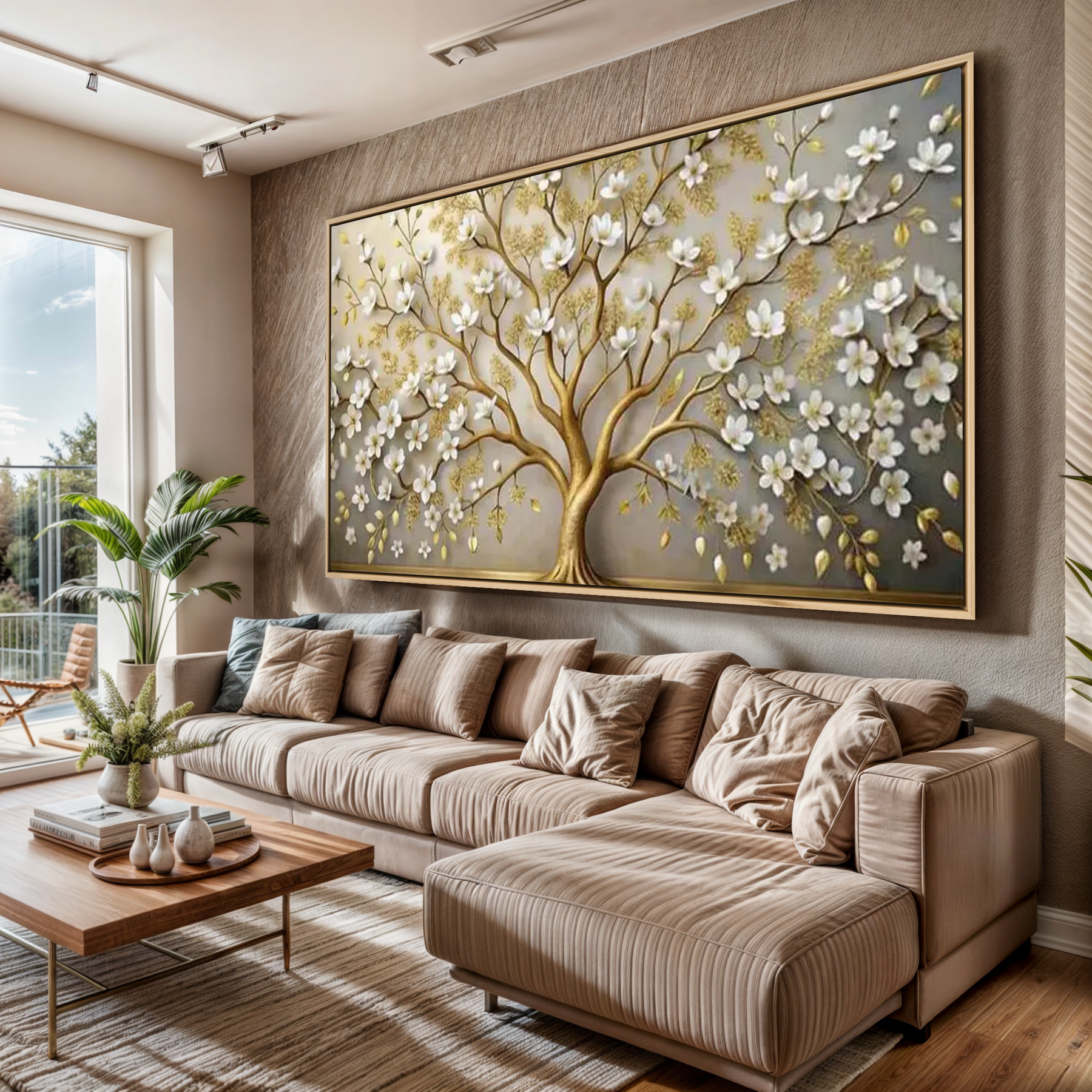 Tela Árvore Dourada de Flores Brancas