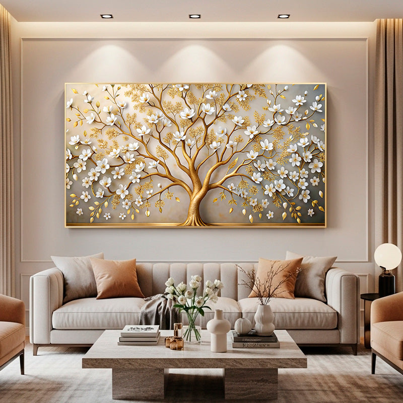 Quadro Árvore Dourada de Flores Brancas