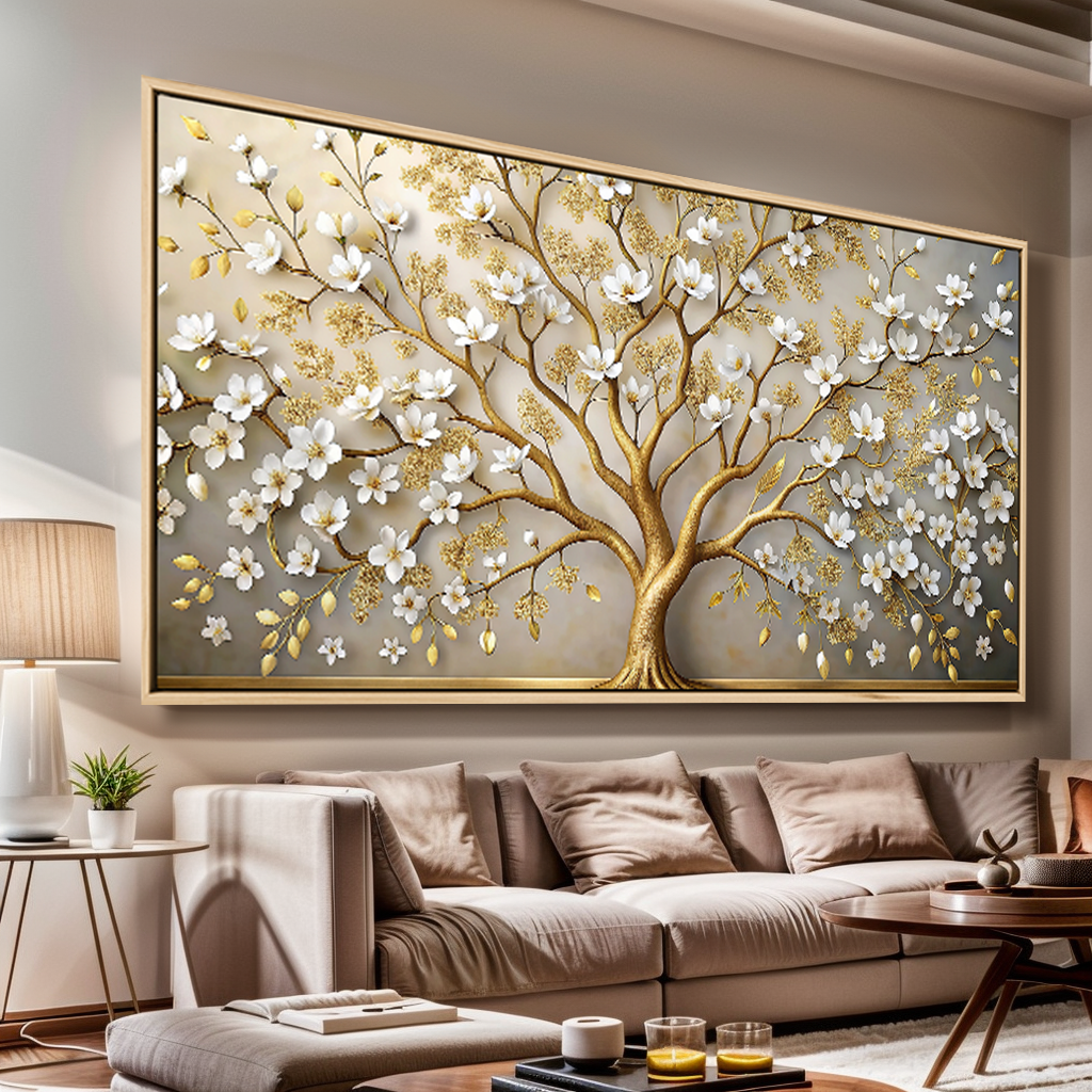 Tela Árvore Dourada de Flores Brancas
