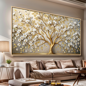 Tela Árvore Dourada de Flores Brancas
